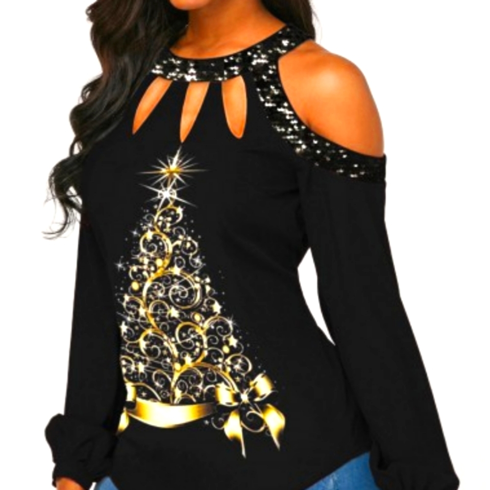 SEQUIN DETAIL COLD SHOULDER CHRISTMAS TREE PRINT T SHIRT